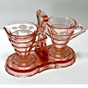 VTG Indiana Glass "Tea Room Pink" Sugar& Creamer w Original Stand. EUC